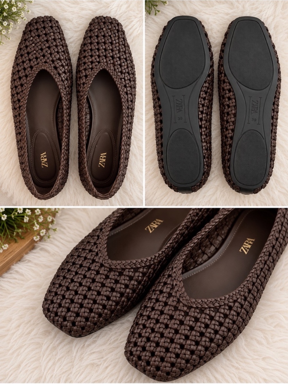 ZARA Dark Brown Woven Ballet Flats